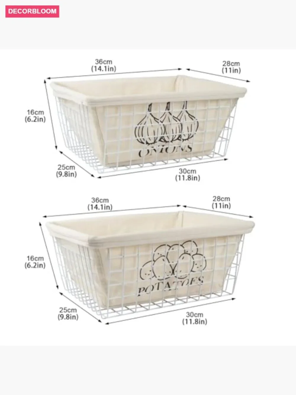 Potato and Onion Storage Baskets, Metal Wire with Cotton Lining, Kitchen Pantry